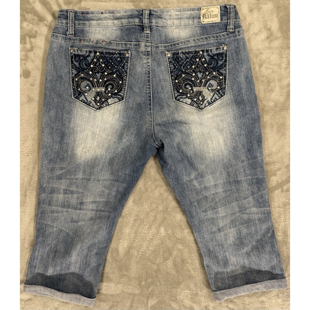 Love Nation Capri Jeans Womens 16 Stretch distressed Cuffed Thick Stitch MidRise